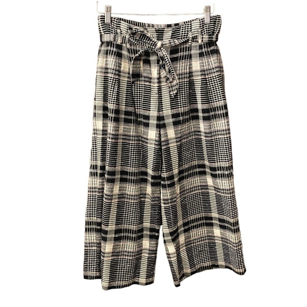Anthro ett twa black white plaid wide leg paper bag pant size 6 crop